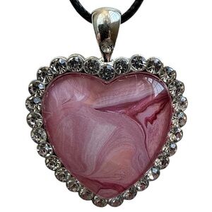 Handmade Pink Heart Pendant Necklace Fluid Art Crystal Silver by Svetlana Yeung